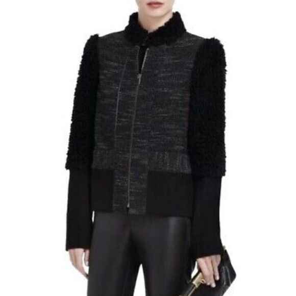 BCBGMaxAzria Black Tweed Wool Cashmere Faux Fur Jacket XS Whimsigoth Rebel Punk - Picture 1 of 15